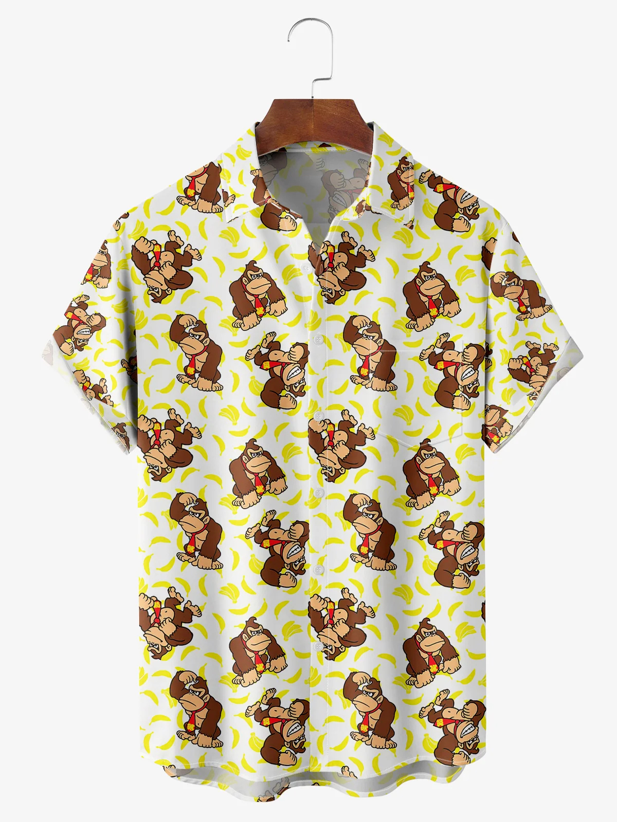Gorilla Patterned Printed Pocket Lapel Short Sleeved Shirt