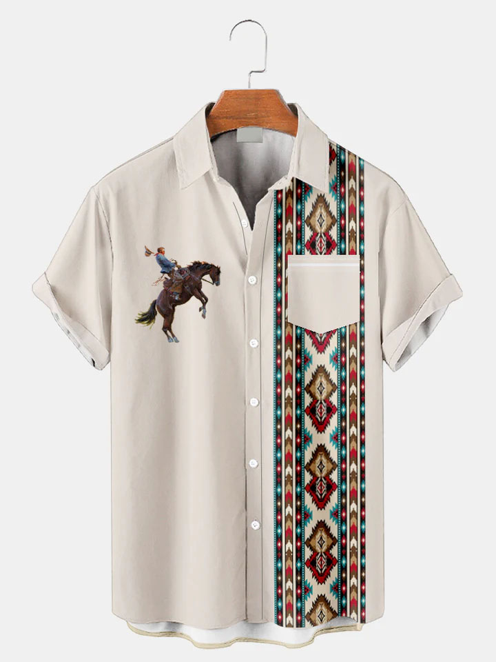 Men's Western Cowboy Style Graphic Short Sleeve Shirt