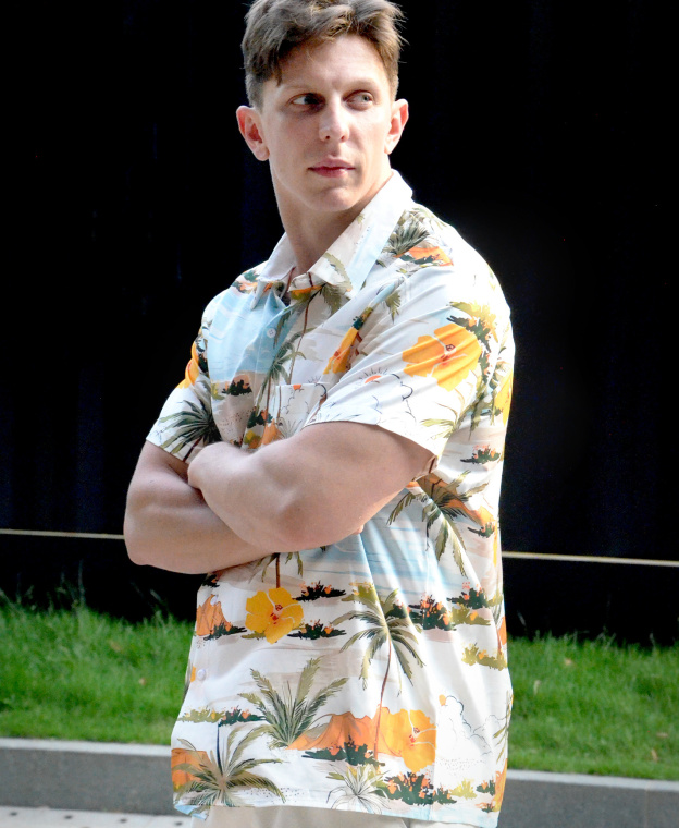 Men's Hawaiian Tropical Print Button Down Shirt, Short Sleeve, Palm Trees and Hibiscus Pattern, White