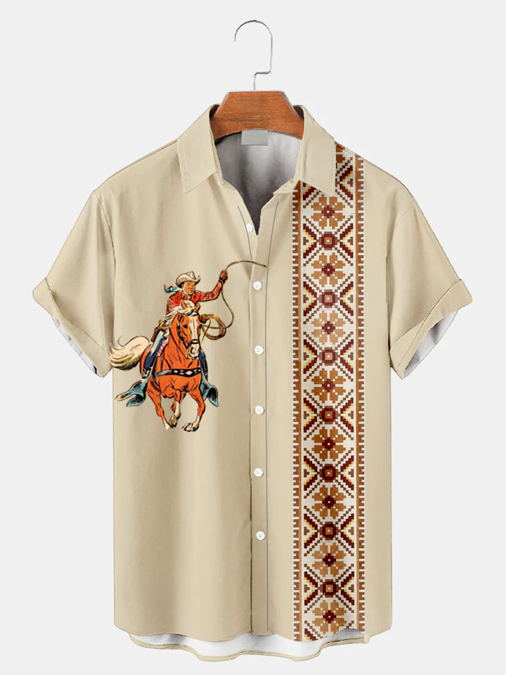 Men's Western Cowboy Style Graphic Short Sleeve Shirt