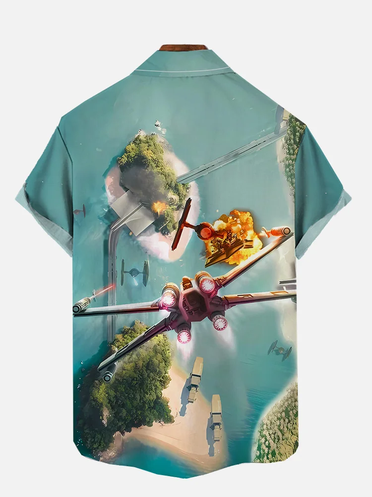 Retro Cool Fighter Attack Ground Pattern Short Sleeve Shirt