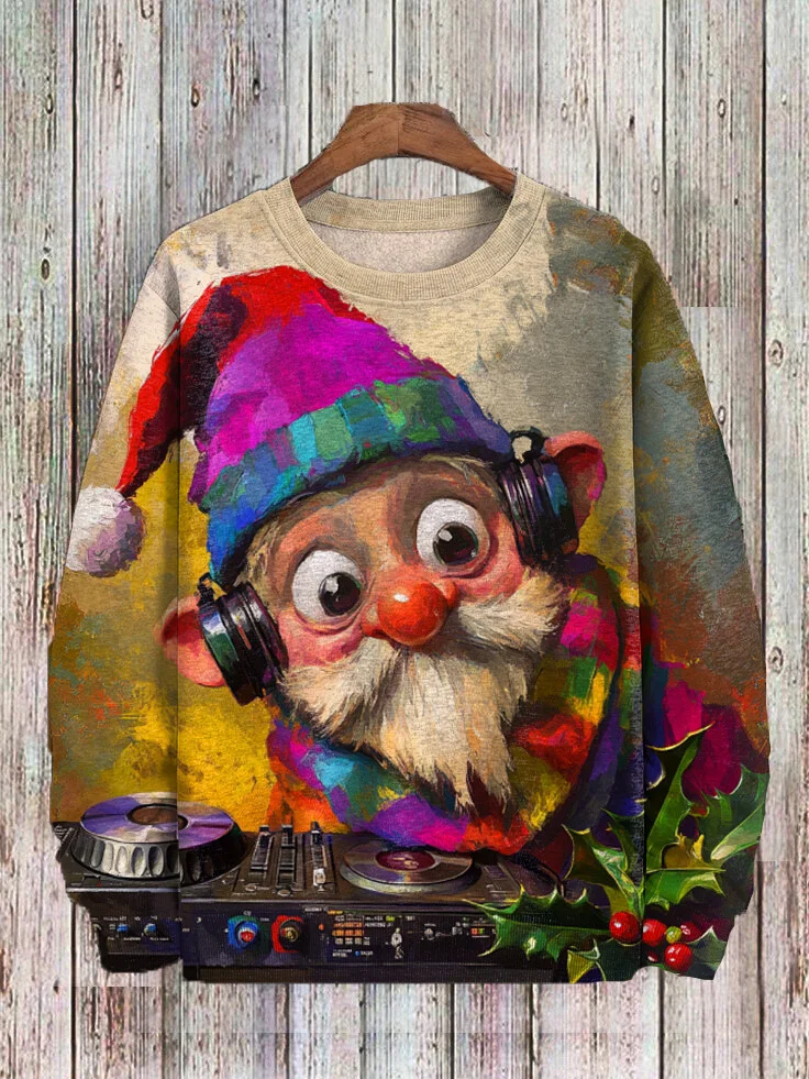Men's Christmas Gnome Is DJ Print Casual Sweatshirt