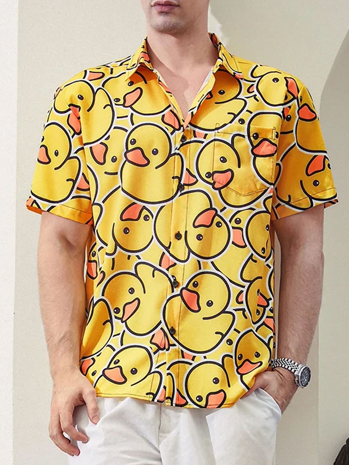 Little Yellow Duck Pattern Printed Pocket Lapel Short Sleeved Shirt
