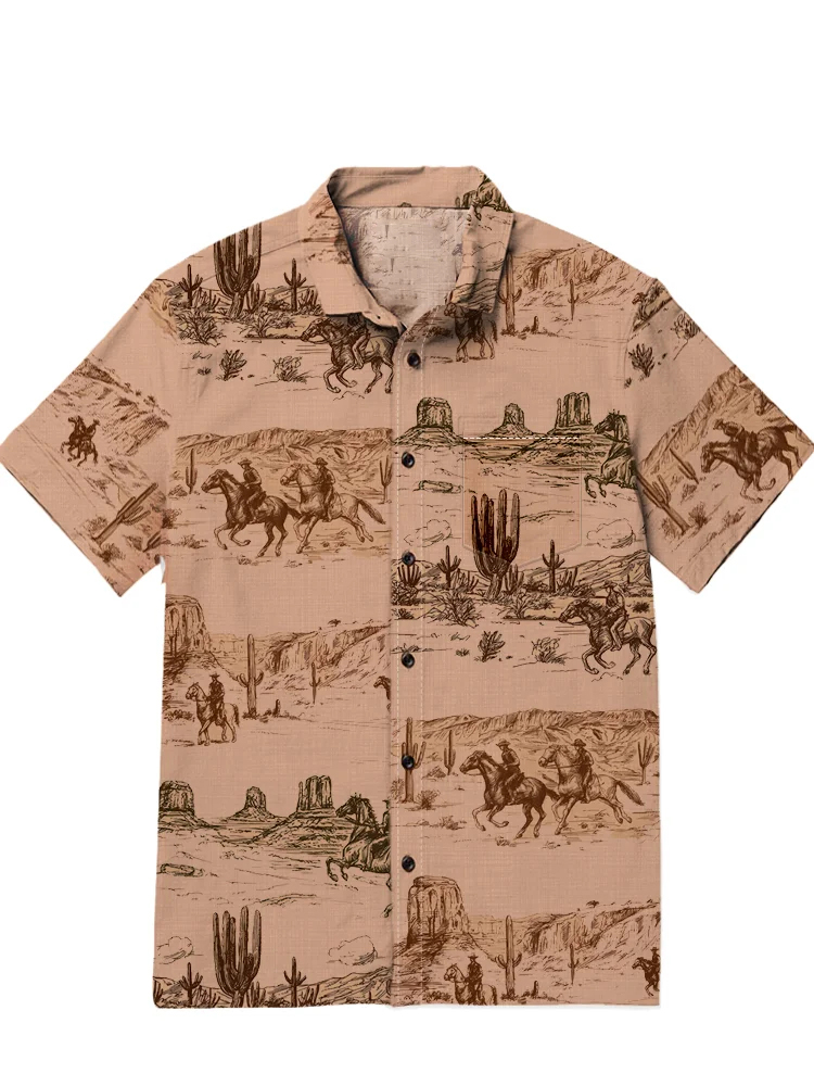 Men's casual retro Western escort denim short sleeved lapel pocket shirt