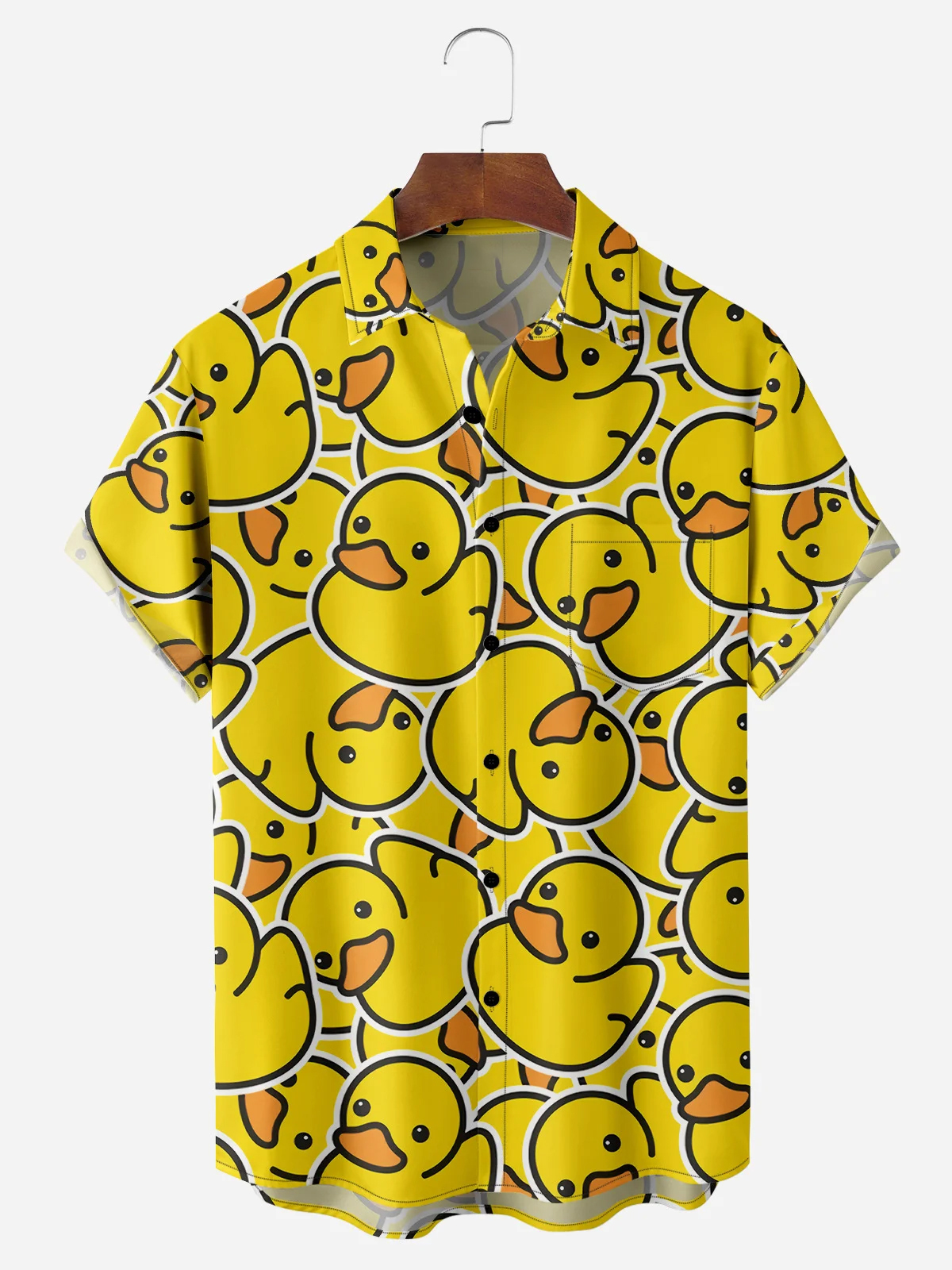 Little Yellow Duck Pattern Printed Pocket Lapel Short Sleeved Shirt