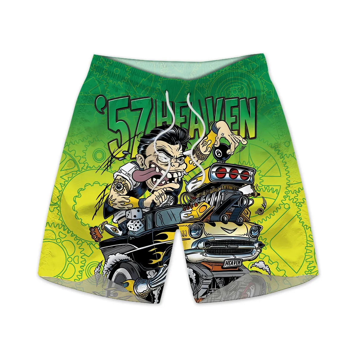 Men's retro cartoon car graphic illustration beach shorts