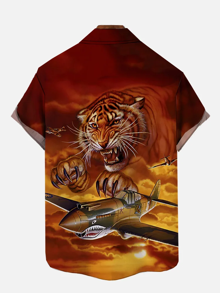 Red Brown Sky Fighter and Flying Tiger Print Short Sleeve Shirt