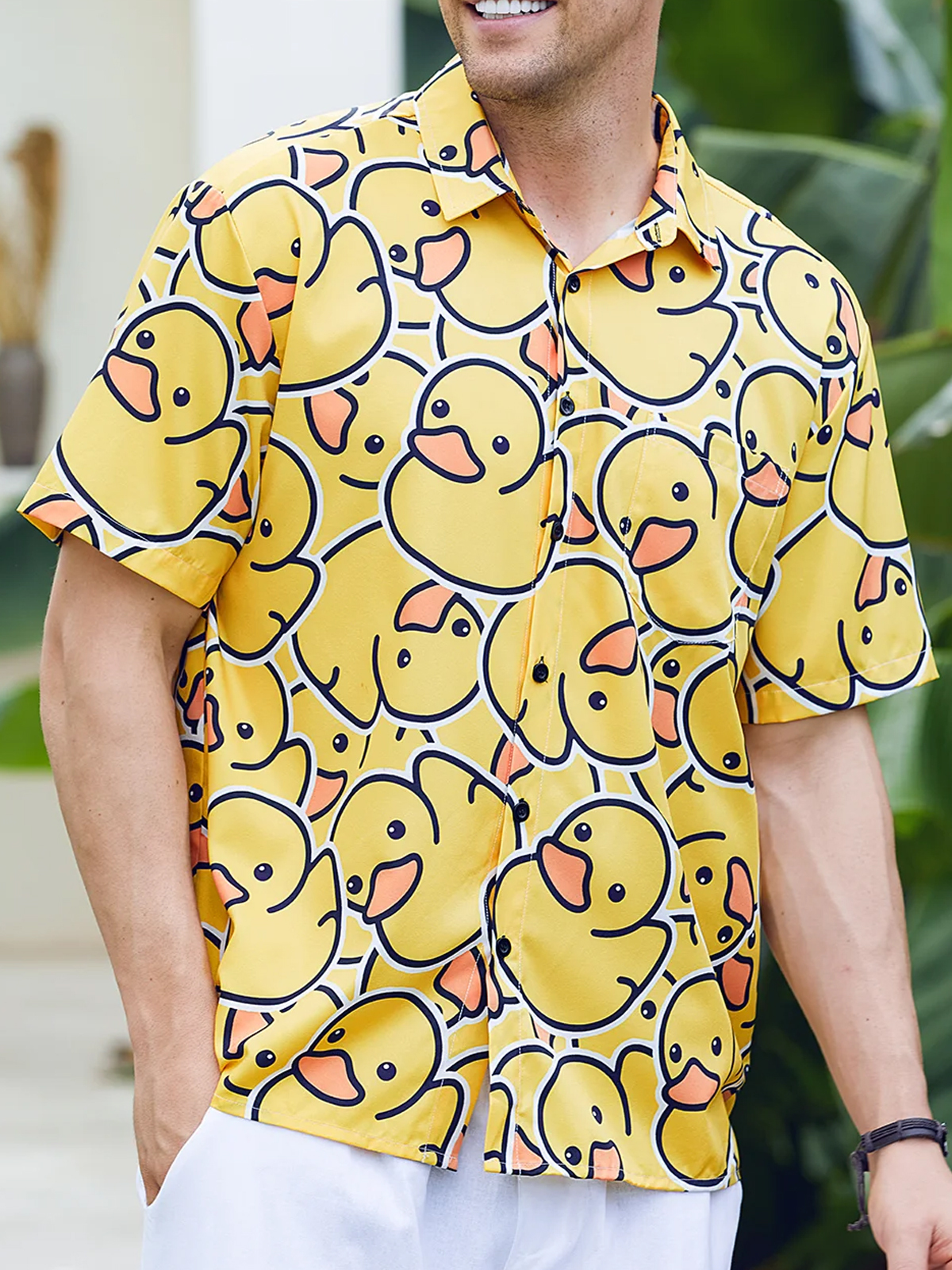 Little Yellow Duck Pattern Printed Pocket Lapel Short Sleeved Shirt