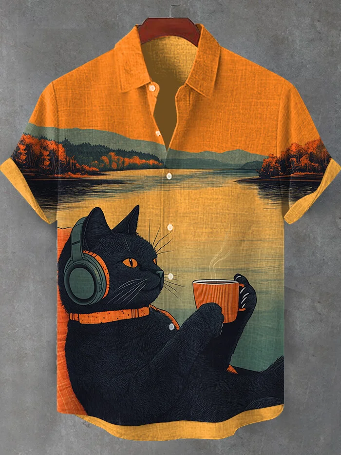 Men's Retro Cartoon Anime Cat Theme Short Sleeve Shirt