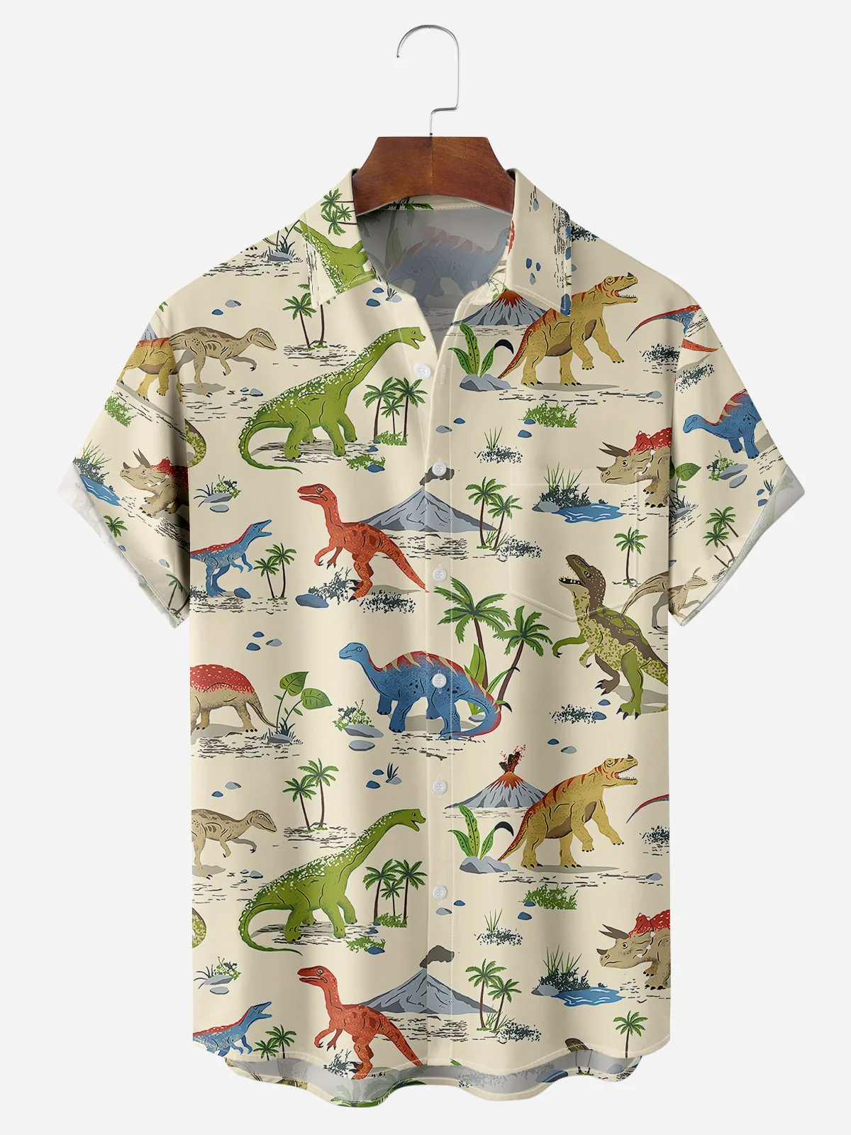Dinosaur Patterned Printed Pocket Lapel Short Sleeved Shirt
