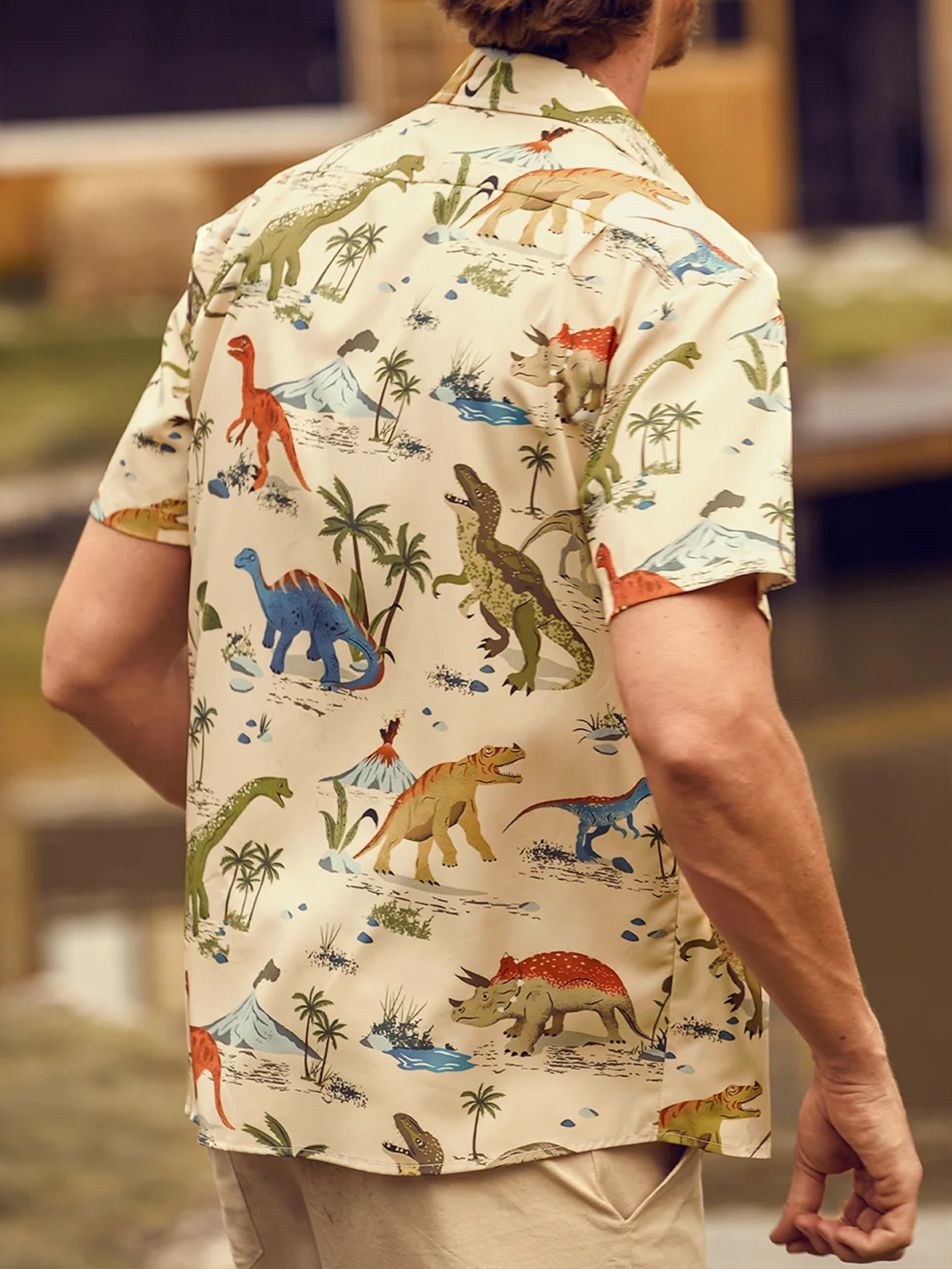 Dinosaur Patterned Printed Pocket Lapel Short Sleeved Shirt