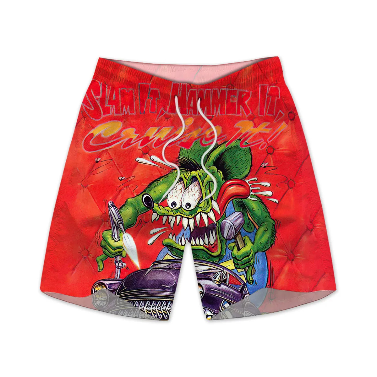 Men's retro cartoon car graphic illustration beach shorts