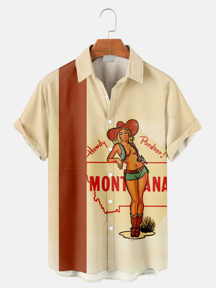 Men's Western Cowboy Style Graphic Short Sleeve Shirt