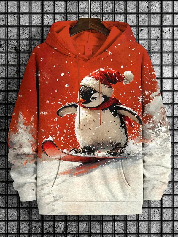 Men's Christmas Brave Snowman Skiing Print Casual Hoodie