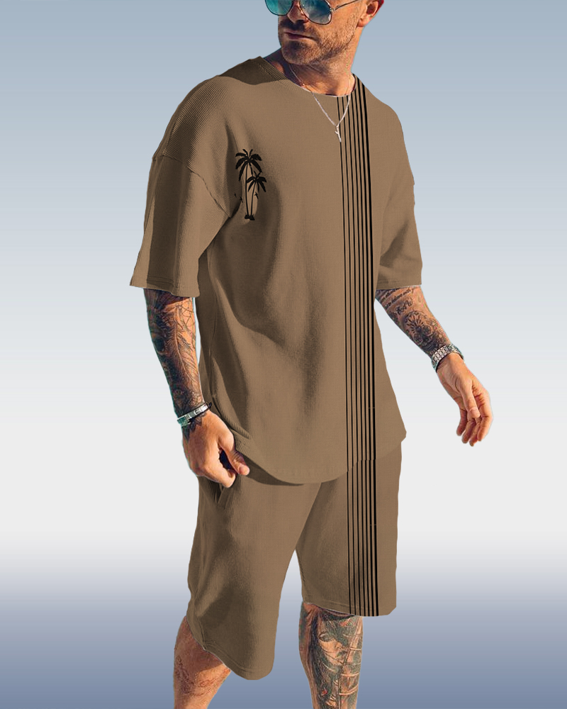 Suitmens Men's Coconut Tree Line Print Short Sleeve Set 065
