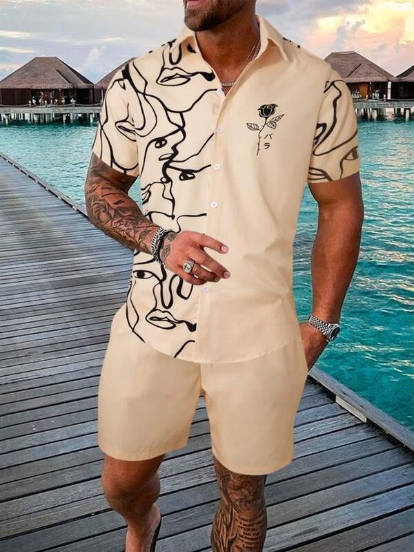 Suitmens Men's Hawaiian Print Short Sleeve Shirt Set 005