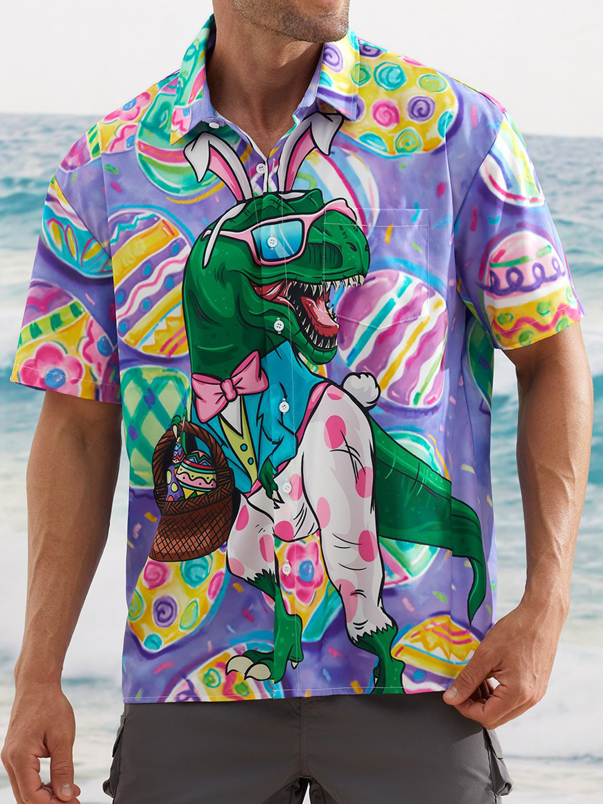 Dinosaur Patterned Printed Pocket Lapel Short Sleeved Shirt