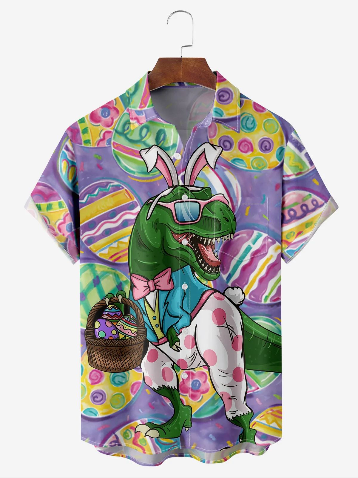 Dinosaur Patterned Printed Pocket Lapel Short Sleeved Shirt