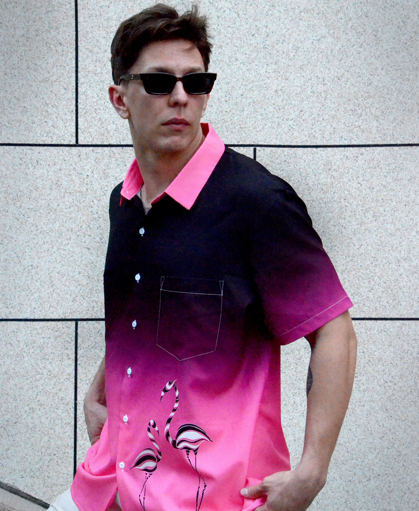 Men's Short Sleeve Button Down Shirt, Black and Pink Ombre with Flamingo Print, Casual Hawaiian Style