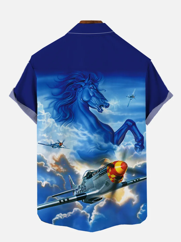 Men's Blue Sky Warrior and Lightning Horse Print Short Sleeve Shirt