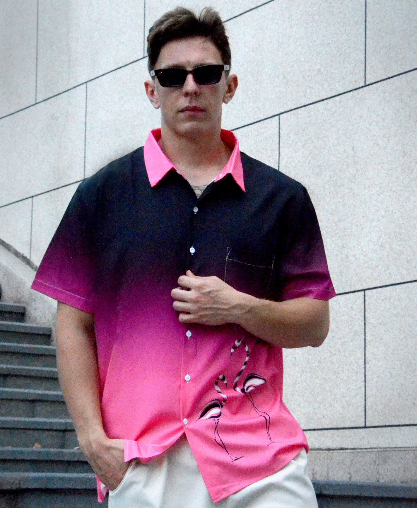 Men's Short Sleeve Button Down Shirt, Black and Pink Ombre with Flamingo Print, Casual Hawaiian Style