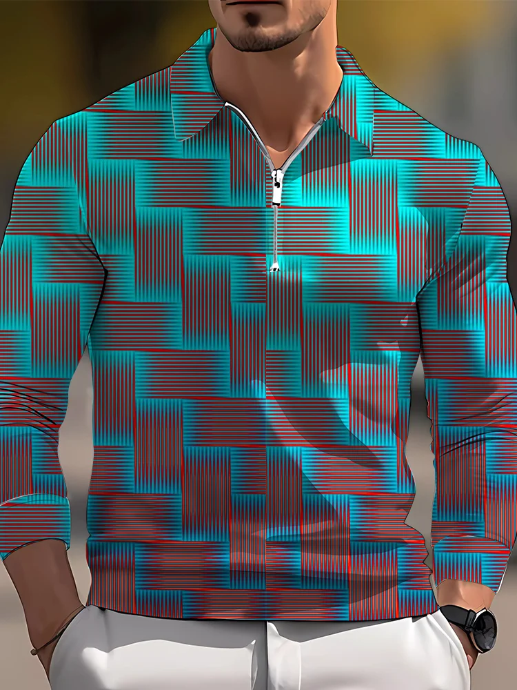 Men's casual art graphic zip long sleeve polo shirt