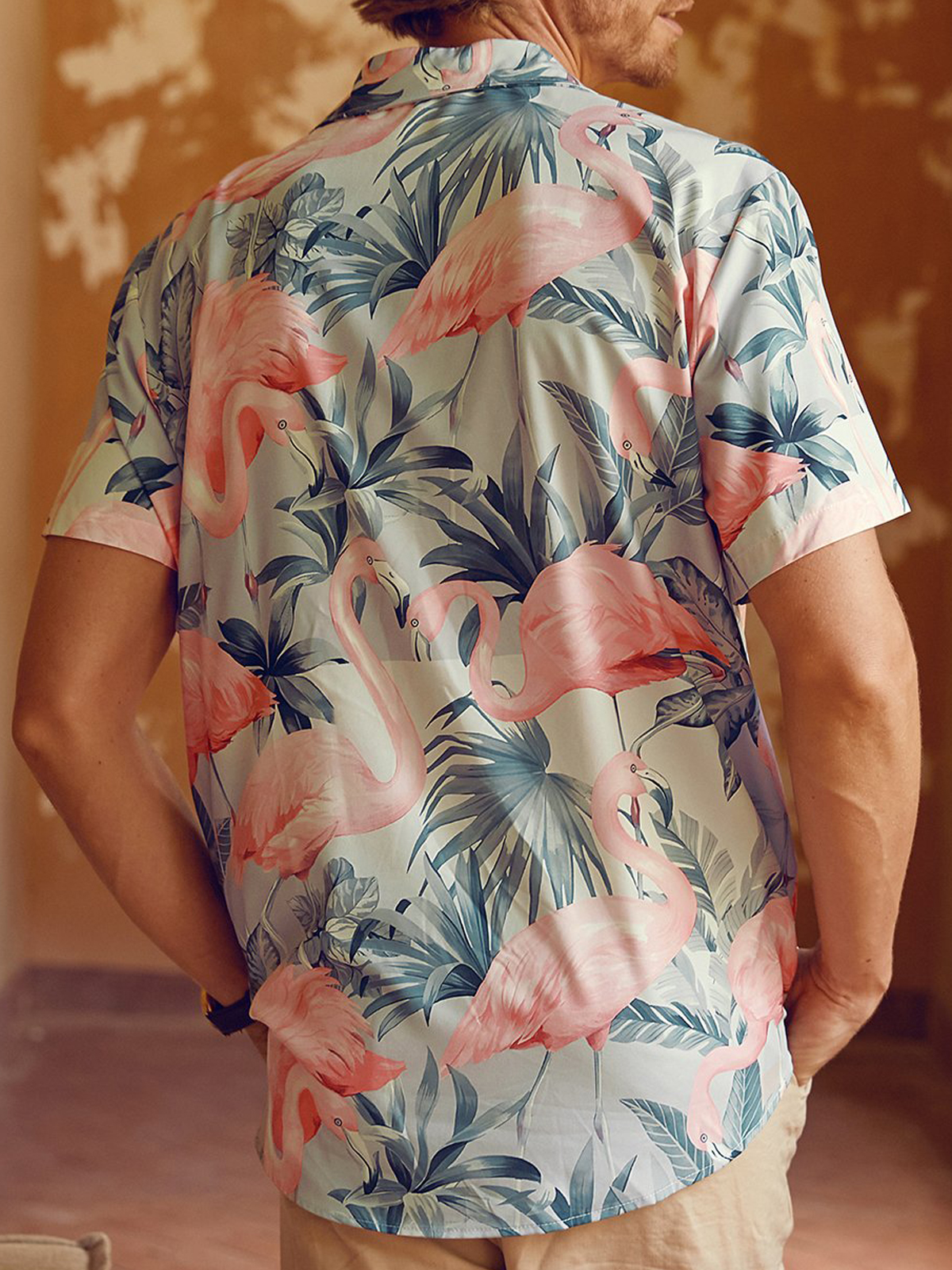 Flamingo Print Pocket Collar Short Sleeved Shirt
