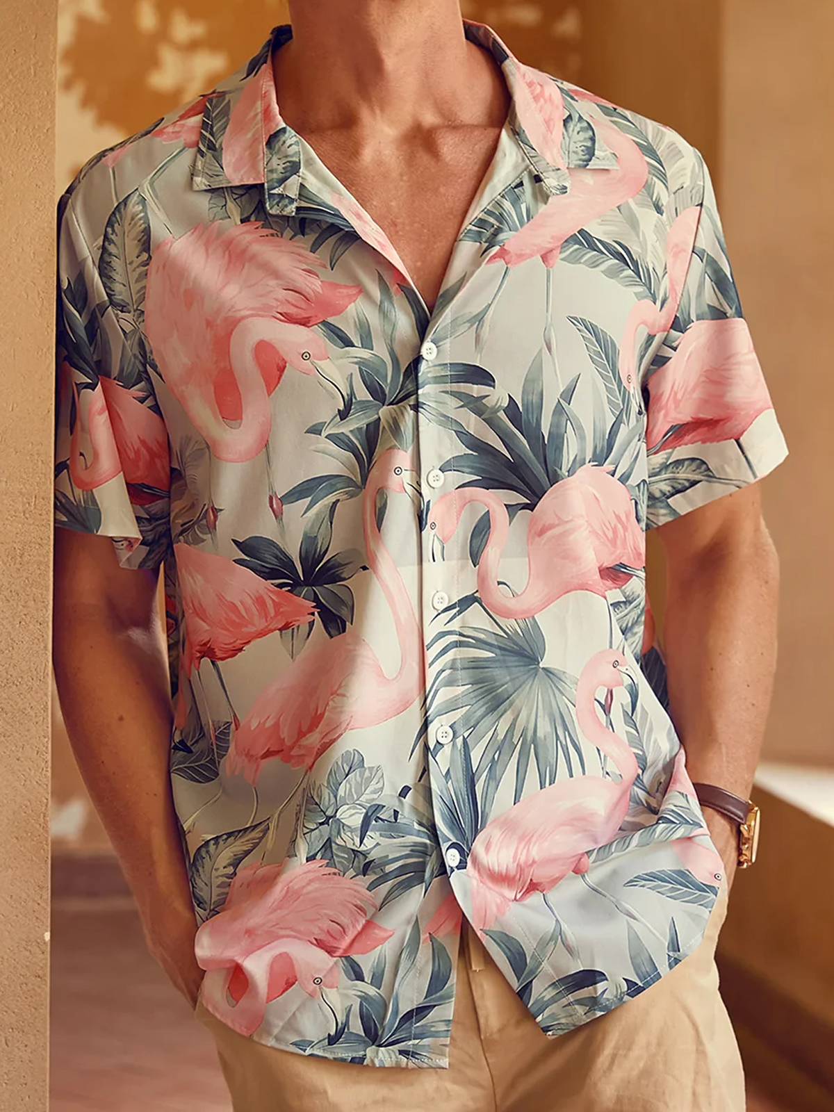 Flamingo Print Pocket Collar Short Sleeved Shirt