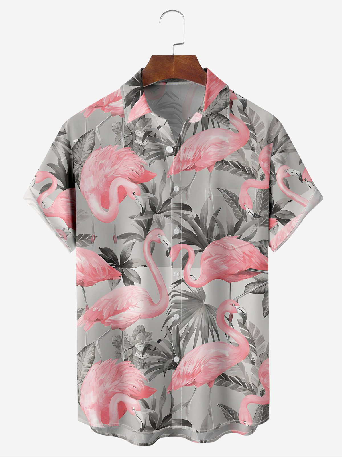 Flamingo Print Pocket Collar Short Sleeved Shirt