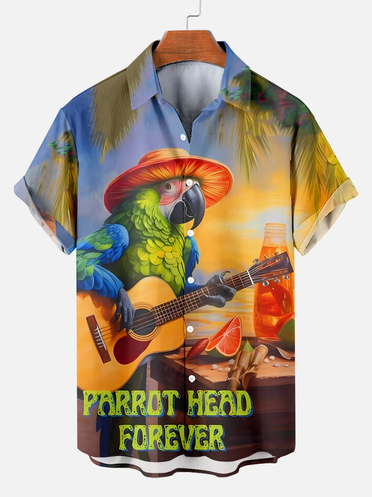 Men's Comfortable Sunset Hawaiian Tequila Guitar Print Shirt