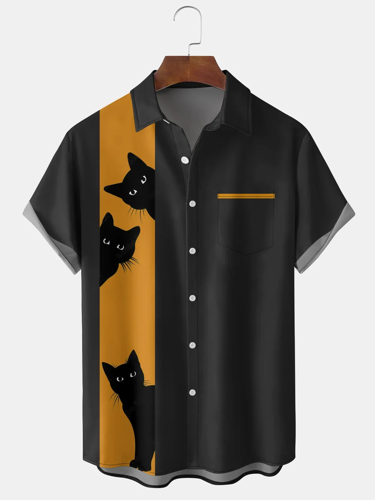 Cat Print Pocket Collar Short Sleeved Shirt