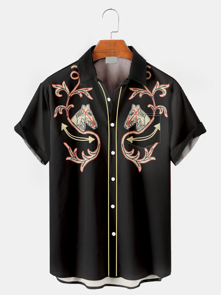 Men's Western Cowboy Style Graphic Short Sleeve Shirt