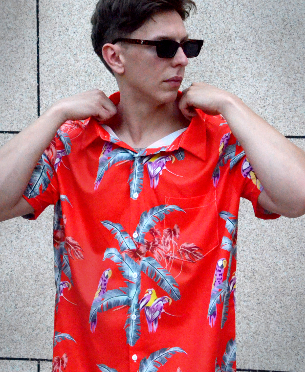 Men's Hawaiian Shirt, Short Sleeve Button Down, Tropical Parrot Print, Red
