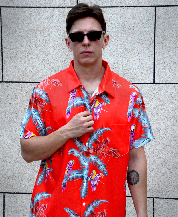 Men's Hawaiian Shirt, Short Sleeve Button Down, Tropical Parrot Print, Red