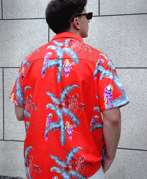 Men's Hawaiian Shirt, Short Sleeve Button Down, Tropical Parrot Print, Red