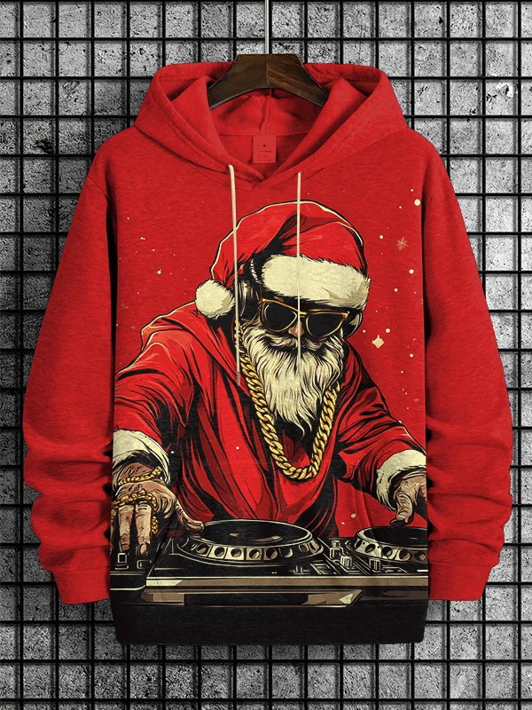 Men's Christmas Hip Hop Santa Claus DJ Art Print Casual Hoodie