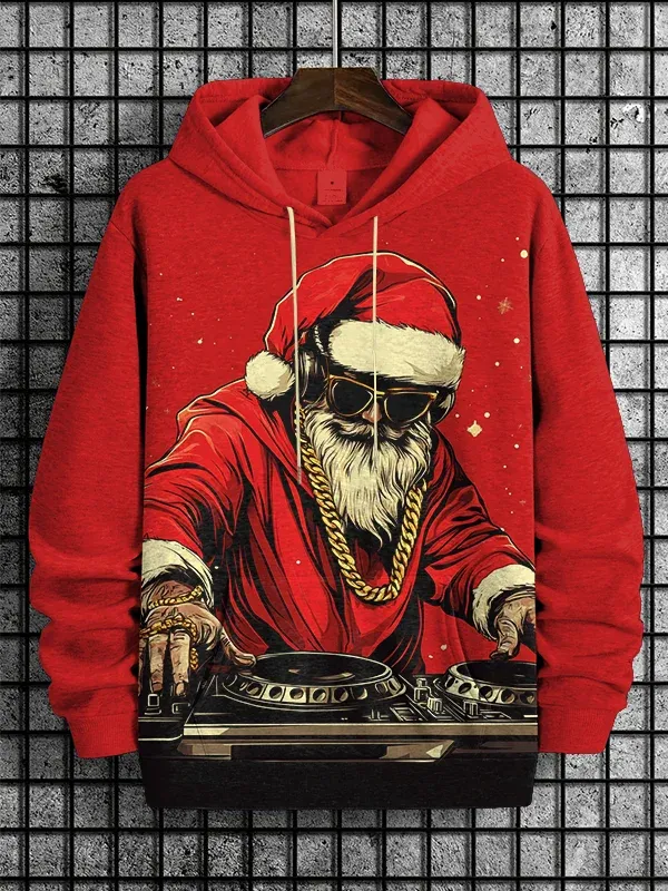 Men's Christmas Hip Hop Santa Claus DJ Art Print Casual Hoodie