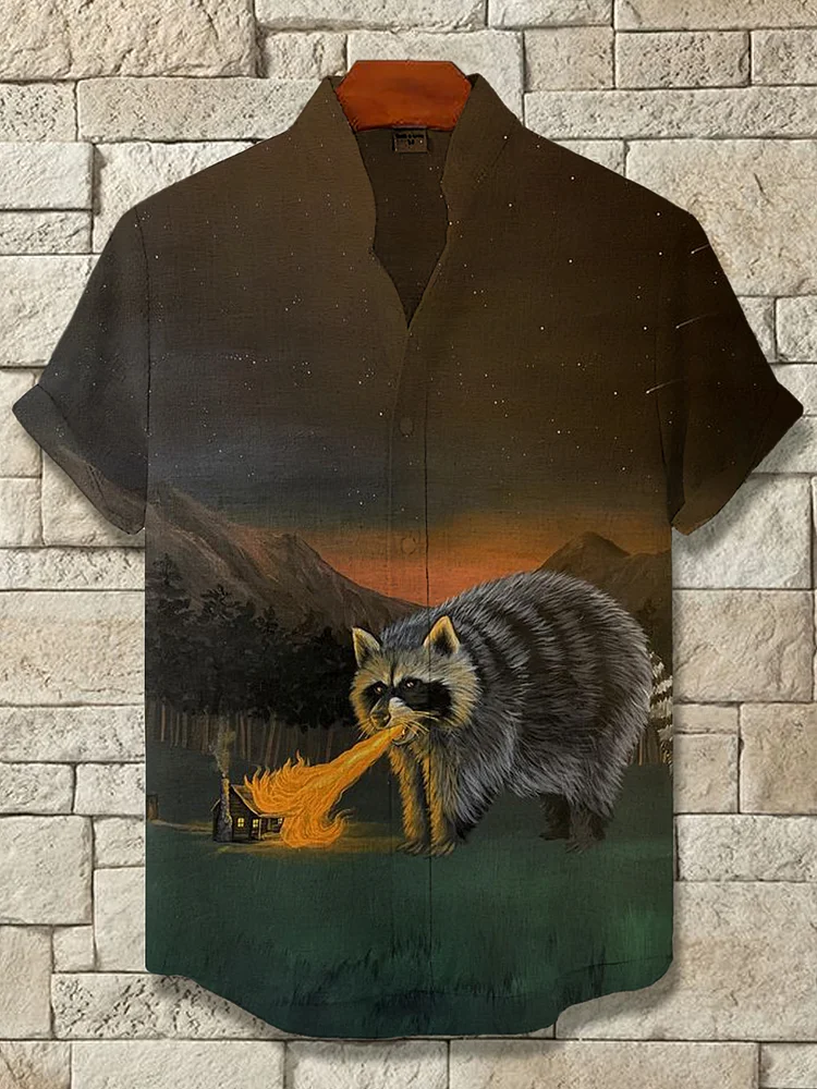 Men's Forest Giant Fire Breathing Raccoon Pattern Art Short Sleeve Shirt
