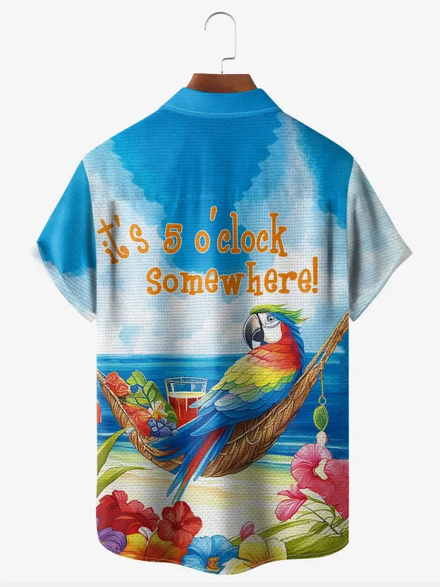 Parrot Print Pocket Collar Short Sleeved Shirt
