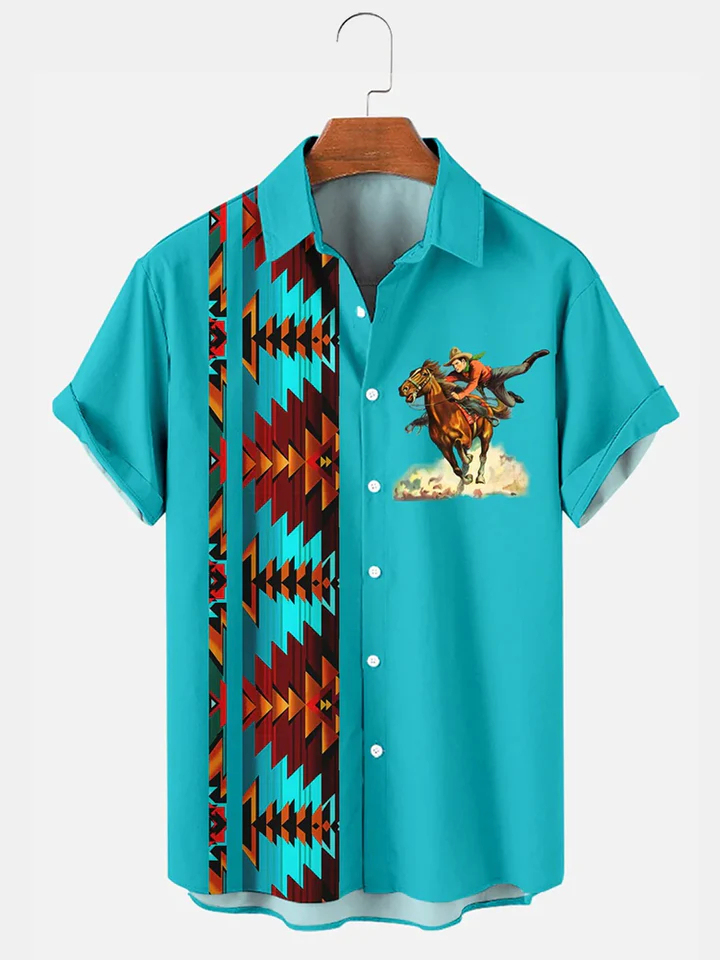 Men's Western Cowboy Style Graphic Short Sleeve Shirt