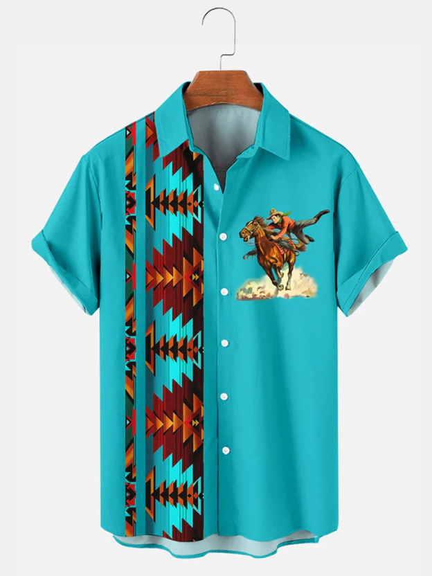 Men's Western Cowboy Style Graphic Short Sleeve Shirt