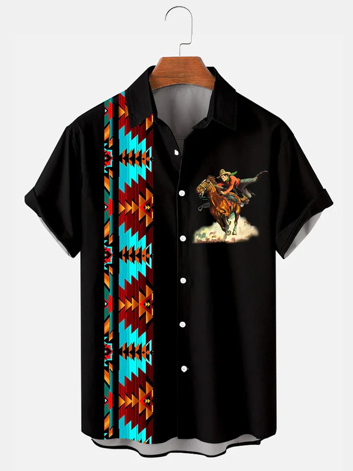 Men's Western Cowboy Style Graphic Short Sleeve Shirt