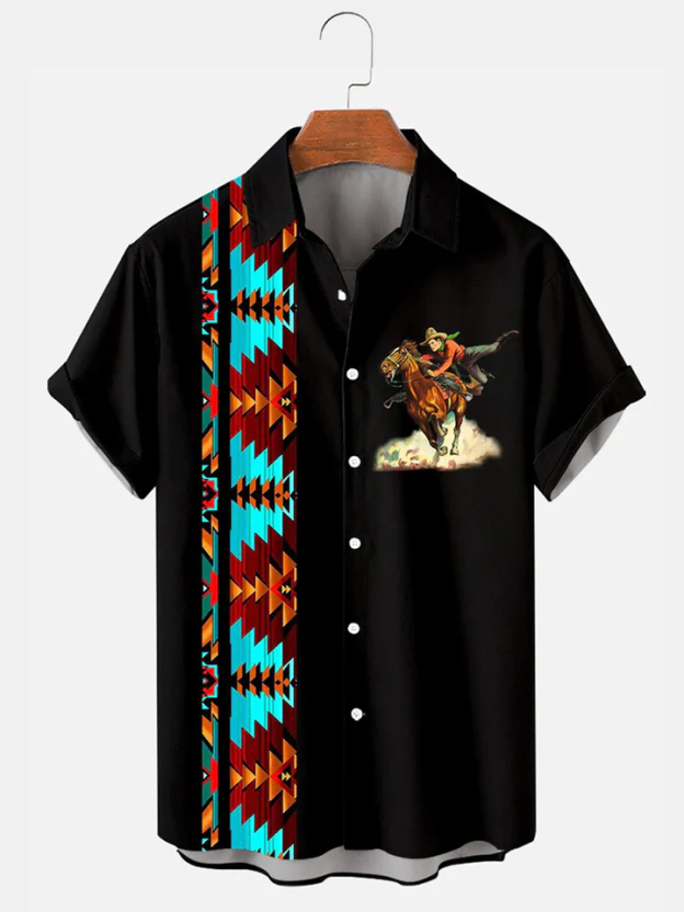 Men's Western Cowboy Style Graphic Short Sleeve Shirt