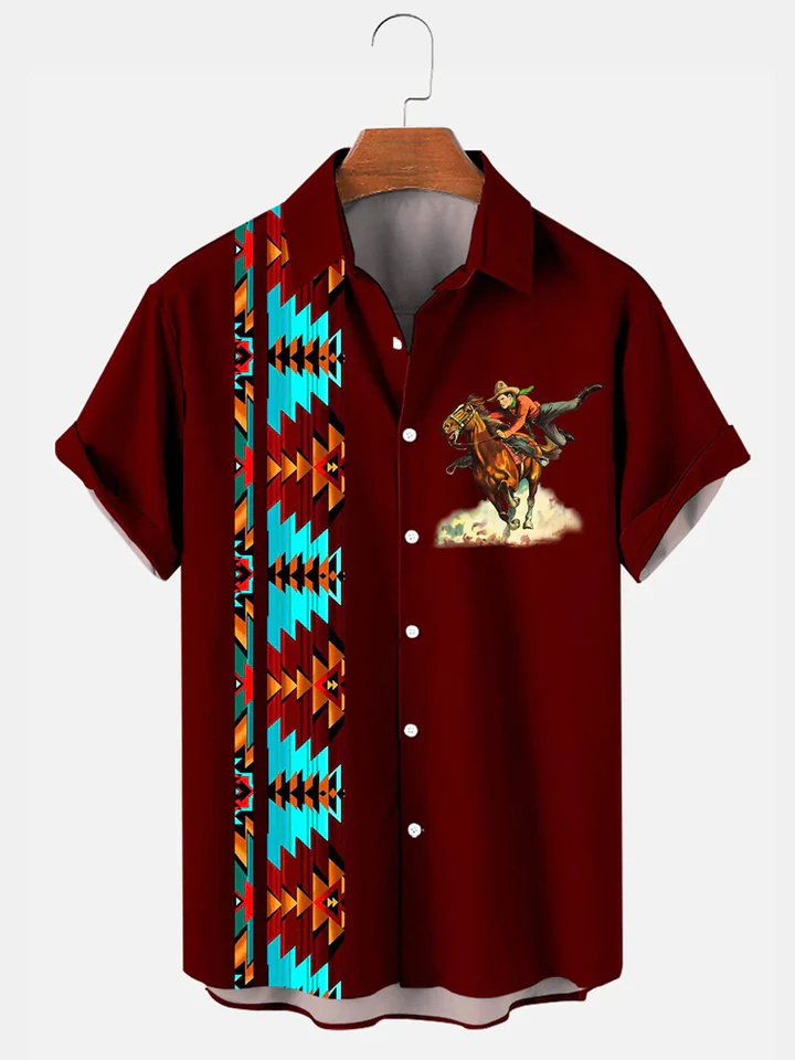 Men's Western Cowboy Style Graphic Short Sleeve Shirt