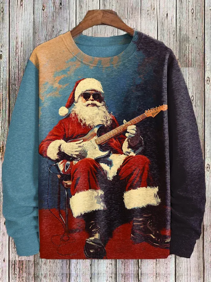 Men's Punk Santa Claus Play The Guitar Print Casual Sweatshirt