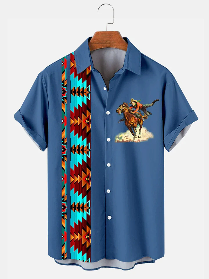 Men's Western Cowboy Style Graphic Short Sleeve Shirt