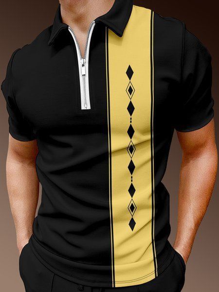 Men's Casual Art Graphic Short Sleeve Zip Polo Shirt