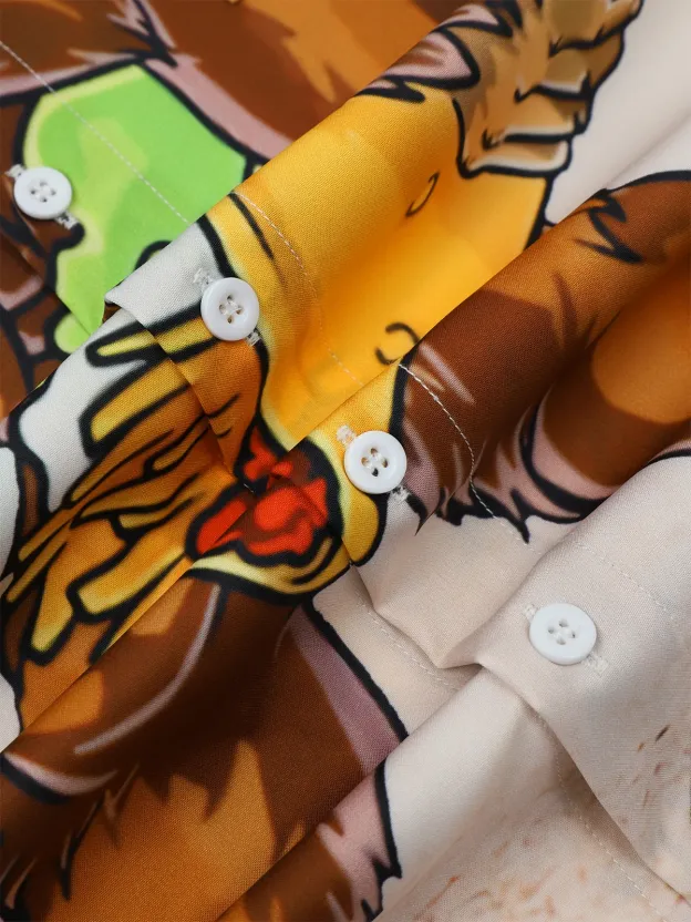 Men's Causal Turkey Vacation in Gobble Cartoon Print Lapel Short Sleeve Shirt