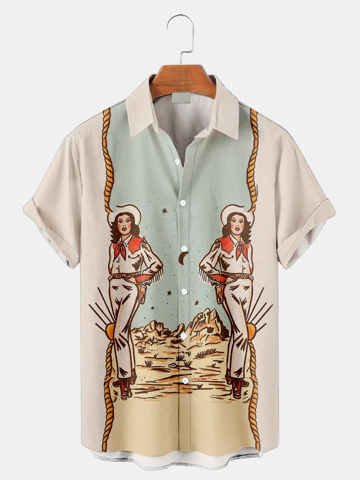 Men's Western Cowboy Style Graphic Short Sleeve Shirt