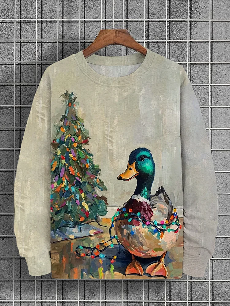 Men's Christmas Tree Teal Duck Oil Painting Art Print Casual Sweatshirt